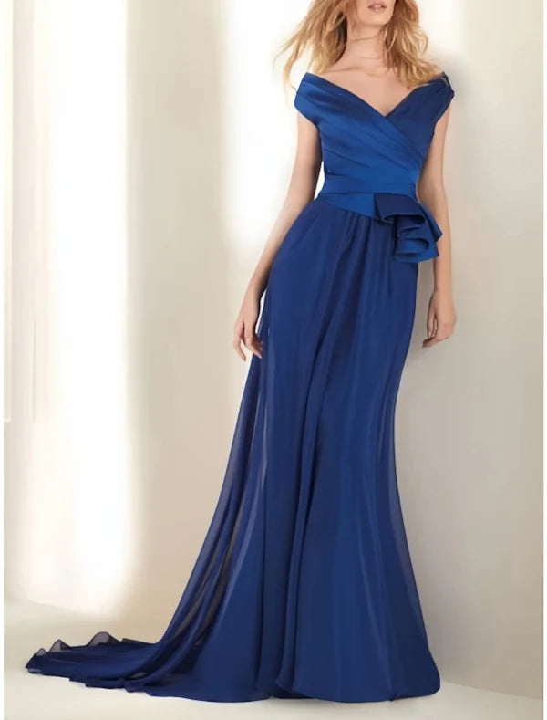 Luolandi A-Line Evening Gown Elegant Dress Formal Wedding Guest Sweep / Brush Train Short Sleeve Off Shoulder Satin with Pleats Ruched Ruffles Floor Length